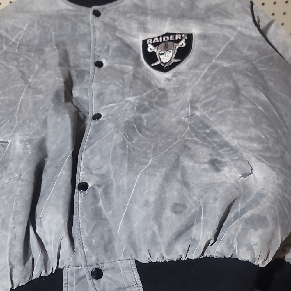 Gray Acid Wash Vintage Raiders Starter Jacket Size L Black Trim - Picture 6 of 11